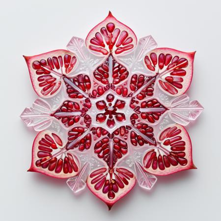 Nature's architectural precision shines through this pristine pomegranate cross-section. Delicate ruby-red flesh transitions into lighter pink tones where light passes through, creating a mesmerizing mandala-like pattern. The geometric arrangement of seed pockets forms a perfect snowflake at the center, while subtle water droplets catch and reflect light across the translucent surface. Set against a clean white background, this minimalist composition celebrates the hidden beauty in everyday produce.
