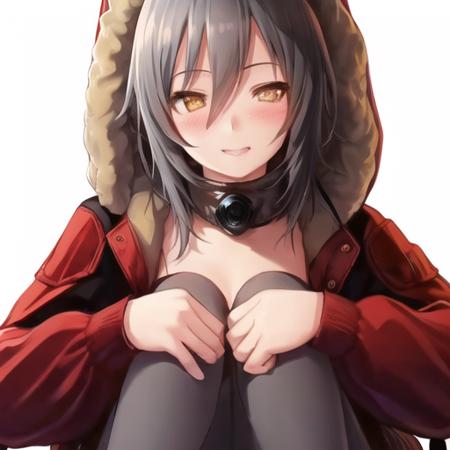 qua_nails, 1girl, fur-trimmed_hood, hood, canines, solo, red_jacket, alpha_signature,animal_ears, blush, looking_at_viewer,detailed ambient light,  detailed face and eyes, higher body and limbs detail, realistic proportions,