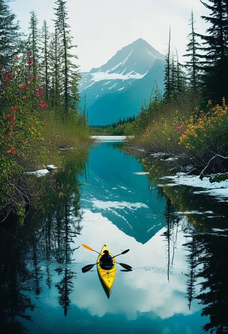 ()Hyoer Realistic:2.0)Polaroid picture of 
image of Eklutna Lake in Anchorage, Alaska, where the effects of climate change have transformed the lake into a lush, tropical paradise. 
Focusing on the close up on the Beautiful Mature women, each with a voluptuous figure taking a selfie:2.75)
The once-frozen landscape is now teeming with vibrant, tropical plants and flowers, and the air is warm and humid.
In the background, the majestic Chugach Mountains from Chugach State Park rise up, their peaks still capped with snow, but now surrounded by a halo of tropical greenery. The lake's surface is calm and reflective, with a few sailboats and kayaks gliding across its surface.
Capture the surreal, futuristic atmosphere of this scene, where the harsh, subarctic environment of Anchorage has given way to a vibrant, tropical oasis.