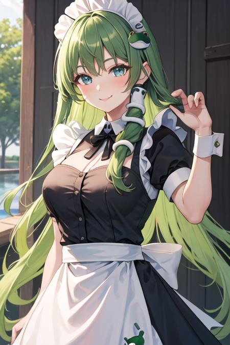 best quality, masterpiece, highres, solo, {maid:1.40}, {long maid dress:1.15}, {kochiya_sanae_touhou:1.15}, green_hair, long_hair, hair_ornament, frog_hair_ornament, snake_hair_ornament, hair_tubes, blush, bangs, breasts, smile, green_eyes, upper_body, blue_eyes