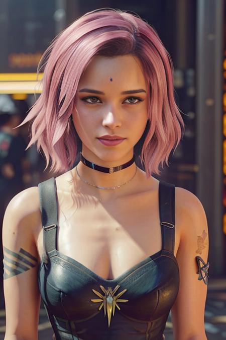 valkyrae halfbody photo of the most beautiful artwork in the world featuring (Cyberpunk 2077),cgi, pink cyberpunk hair, freckles, nostalgia, sexy, professional majestic oil painting by Ed Blinkey, Atey Ghailan, by Jeremy Mann, Greg Manchess, Antonio Moro, trending on ArtStation, trending on CGSociety, Intricate, High Detail, Sharp focus, dramatic, photorealistic painting art by midjourney and greg rutkowski  <lora:valkyrae_v_flex:0.7>