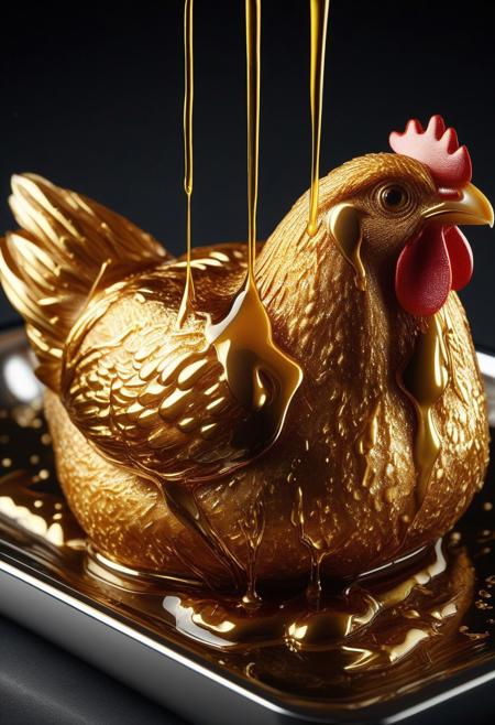best quality, ultra detailed, close-up food photography, (chrome_gold_chicken:1.4) made by gold, chrome gold, chicken, (melted_by_gold_liquid:1.7) detailed, high definition, 8k