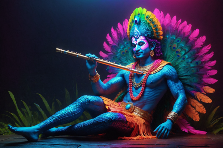 a hero, Krishna, avatar of Vishnu, made out of RGB Keyboards, with a flute, wearing a peacock crown, playing a flute with RGB lights, solo, digital Asgardian hall with neon thrones, glowing runes with RGB lights, detailed background, lying down with a neon aura, shimmering with RGB lights, resting, wrathful, flashing with RGB lights, wide shot, best quality, vibrant colors, realistic style, high detail, high-definition, hyper-realistic, extremely high-resolution details, fine texture, incredibly lifelike, realistic, not cartoon, not drawing, highres, 4K resolution, source photo, realistic photo, masterpiece, best quality, amazing quality, very aesthetic, ultra-detailed, detailed textures, natural lighting, soft light, electric neon colors, bright pinks, purples, cyans, neon glow, vibrant and electric, wide shot, <lora:RGB_Keyboard_themed-000008:1>