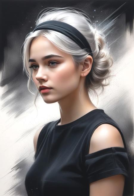 #Pastel, #drawing with dry chalk, #crayons on paper, #hatching with chalk, #drawing with chalk, #tinted paper, #drawing with colored chalk,
Poster, close-up, Sketch, fine lines and shading, a scattering of dots and lines creating a modern glitch effect, Score_9, 1girl, solo, short hair, dress, bare shoulders, upper body, white hair, headband, sleeveless, black dress, depth of field, Blurred background, Authors: art by Andrey Atroshenko, #chalk shading, chalk drawing, #tinted paper, colored chalk drawing, innovative works by Lee Jeffries, Magali Villanova