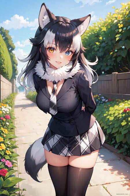 (masterpiece, best quality, ultra detailed), (detailed background, complex background:1.2), (perfect face, detailed face), full-face blush, (milf, mature female:1.4), smile, happy, parted lips, thighs
<lora:grey_wolf:1> grey_wolf, animal ears, wolf ears, long hair, heterochromia, white hair, wolf girl, wolf tail, tail, fur collar, long sleeves, necktie, gloves, large breasts, white gloves, skirt, thighhighs
(garden, outdoors, standing, leaning forward, arms behind back, )