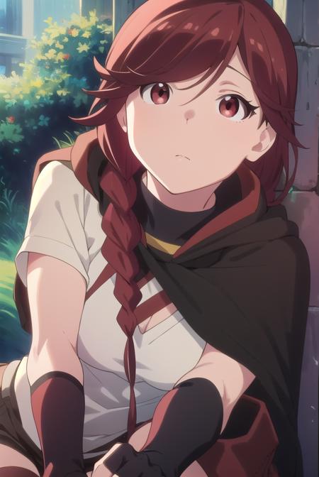 yume, long hair, (red eyes:1.5), braid, red hair, single braid, thighhighs, gloves, boots, shorts, elbow gloves, fingerless gloves, cape, black shorts, red thighhighs,