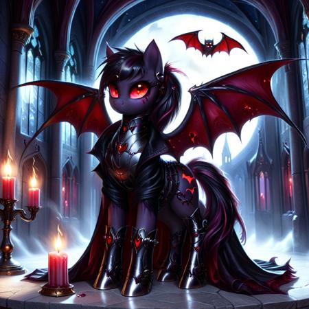ethereal fantasy concept art of   <lora:Dark-Cute-Ponies:1> drkpny, <lora:420Futurism:0.7> 420futurism, cute futuristic pony, ultra-realistic, full-body shot of a vampiric pony, sleek obsidian-black coat shimmering under the crimson moonlight, glowing blood-red eyes piercing the darkness, elegant bat-like wings with intricate veins pulsing with eldritch energy, standing in the grand halls of a haunted vampiric castle, towering gothic spires reaching into the stormy midnight sky, ancient stone walls covered in arcane symbols glowing faintly, eerie candlelight flickering across deep velvet drapes, masterpiece, highly detailed, ultra resolution, soft mist swirling around hooves, massive stained-glass windows depicting forgotten vampiric deities, spectral figures lurking in the shadows, looking directly at the viewer, intricate silver-plated armor reflecting the dim torchlight, deep cinematic lighting enhancing the ghostly atmosphere. . magnificent, celestial, ethereal, painterly, epic, majestic, magical, fantasy art, cover art, dreamy
