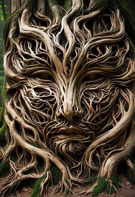 (PG-TR), ((wooden mask)), ((roots flowing like tears)), ((branches growing from eyes)), ((face carved from living wood)), ((deep emotional expression)), (forest ambiance), ((mystical and symbolic)), ((organic sculpture)), ((high fantasy art)), ((soft natural lighting)), (moody atmosphere), ((spiritual connection to nature)), (detailed bark texture), ((natural crown of twigs))