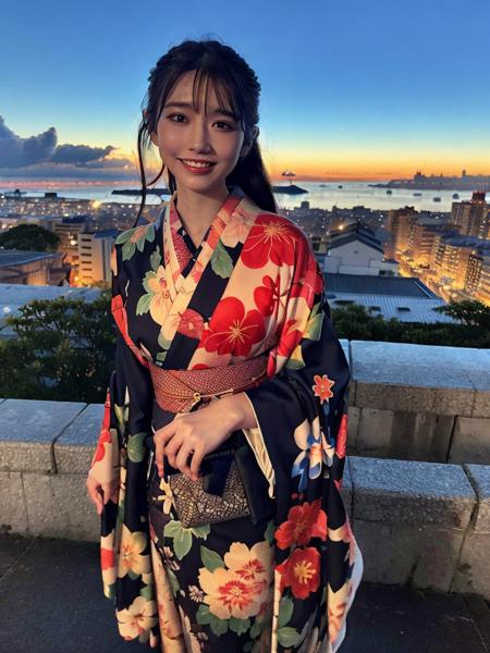 1girl,(japanese clothes, kimono, floral print,  blue kimono,  print kimono,  sash, wide sleeves, obi),(on a hill overlooking a city:1.4),(RAW photo, best quality), (realistic, photo-realistic:1.4), masterpiece, an extremely delicate and beautiful, extremely detailed, 2k wallpaper, Amazing, finely detail, extremely detailed CG unity 8k wallpaper, ultra-detailed, highres, soft light, beautiful detailed girl, extremely detailed eyes and face, beautiful detailed nose, beautiful detailed eyes,cinematic lighting,city lights at night,starry sky,perfect anatomy,slender body,light smile,<lora:Saika_Kawakita_v10:0.8>