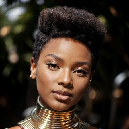 <lora:CarolAmaral:0.8>carolamaral, a woman with a short afro haircut and a golden egyptian choker on her neck,  (closeup photo), (perfect face), bokeh, 135mm, 8k, super detail, ccurate, best quality