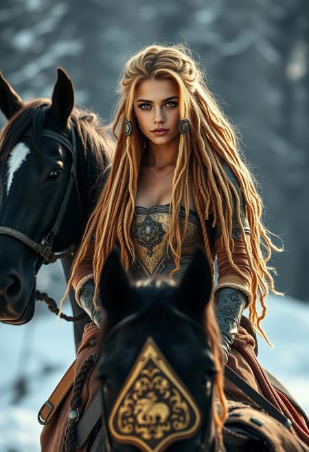 Latina girl, golden hair, gold eyes, golden eyes,
,dreadlocks, lots of hair, golden dreadlocks, Viking girl, Viking themed background, snowy background 
BREAK, 
Dramatic lighting, girl riding black horse, horse on back 2 legs girl on horses back, girl has gold eyes, 
BREAK,
huge natural tits, girl has skimpy gold armor 
BREAK,
big natural boobs, beautiful face, massive tits, thin waist big ass, massive realistic boobs