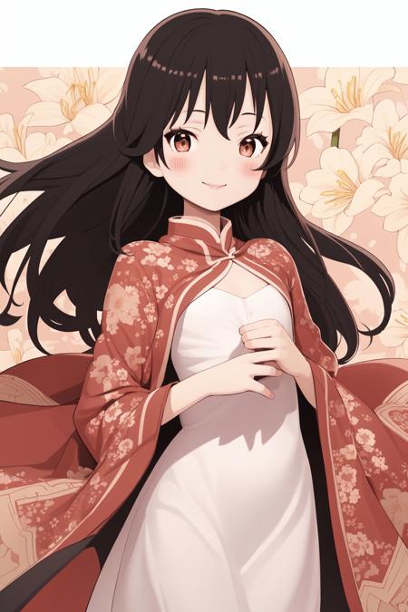 solo, 1girl, looking afar, smile, blush, flat chest, frontlighting, Inca_Lily \(flower\), floral background <lora:haruno_shuu_style_v01:1>