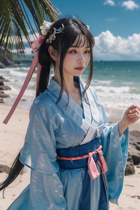 ltra-detailed,highly detailed,best quality,masterpiece,illustration,realistic,photorealistic,
baimoqing, 1girl, solo, 
hanfu, sash, long sleeves, chinese clothes, ribbon, wide sleeves, jewelry, tassel,see-through, coat, 
very long hair, hair ornament, hair ribbon, hair bun, low twintails, 
upper body, looking at viewer,
outdoors, beach, water, waves, ocean, sand, day, shore, sky, splashing, cloud, blue sky, flower, wind,floating hair,
 <lora:baimoqing_v1_07:0.7>