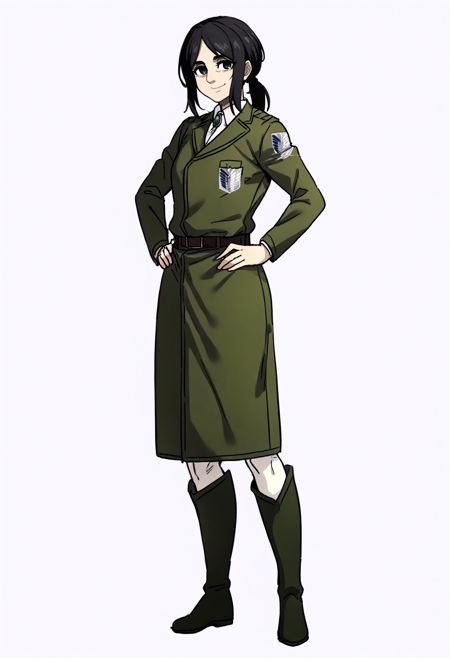 1girl, pieck finger, black hair, long hair, black eyes shingeki no kyojin pieckeldian, armband, brown coat, pleated brown skirt, long skirt, collared shirt, long sleeves, necktie, boots pieckjaegerist, ponytail, black eyes, brooch, military uniform, green long coat, survey corps \(emblem\), knee boots