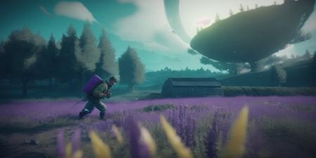 <lora:15AlternateRealities:1>alternative reality: a video game scene with a man walking through a field of purple flowers