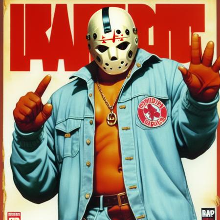 pt3jasonvoorhees-2250, looking at viewer, 1990s hip hop outfit, alone on the cover of his rap album, making gangster pose, photorealistic, masterpiece