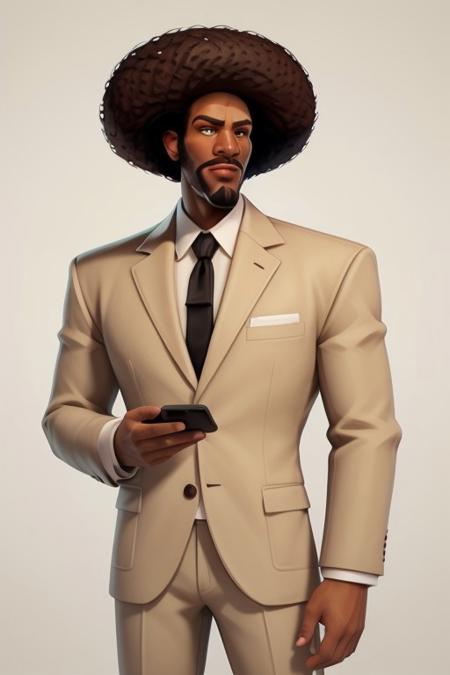 <lora:EliBarracudaJr_SD_v1:0.8>
cartoon, Octane Render, elibarracudajr, 1boy, upper body, male focus, dark skin, facial hair, dark-skinned male, hand in pocket, closed mouth, holding phone, smartphone, 
black necktie, beige suit, beard, afro, black hair, 
grim, strong, whitebackground, from below,