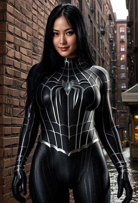 score_9, score_8_up, score_7_up, best quality, realistic, masterpiece, beautiful detail, hyperrealistic, afternoon sky, ((1girl, woman body, big breasts)), amazing detailed full body portrait of a beautiful japanese girl, wearing a realistic and highly detailed black raimi spider-man suit, ((huge muscular girl)), professional model wears ultra - detailed black raimi spider - man suit, ultra - detailed and grained black raimi spiderman suit, suit covered entire body and hand, black spiderman gloves, wet, (long black hair, middle part, pale black eyes, looking at viewer, seductive pose, smile), (full body), (dirty skin), close up, octane render, highly detailed, volumetric, dramatic lighting, (highest quality:1.1), (HDR:1.3), (top quality, best quality), realistic, high definition,