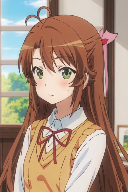 best quality, masterpiece, highres, solo, {koshigaya_komari_nonnonbiyori:1.15}, brown_hair, long_hair, green_eyes, blush, antenna_hair, bangs, 1girl, collared_shirt, day, indoors, looking_at_viewer, neck_ribbon, red_ribbon, ribbon, school_uniform, shirt, sky, sweater_vest, white_shirt, window, ahoge, upper_body, closed_mouth, cloud, from_outside