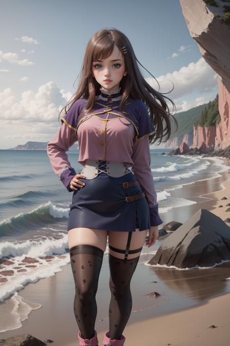 masterpiece, best quality, sophia esteed, hairclip, pink shirt, corset, pencil skirt, stockings, boots, standing, hand to hip, quizzical expression, looking at viewer, rocky shore, sea, sky <lora:sophiaesteed-nvwls-v2-000012:0.9>