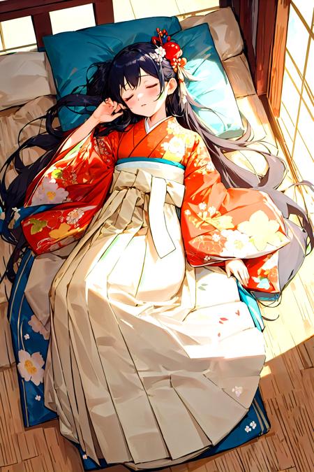 hakama skirt, 1girl, solo, from above, full body, lying, sleeping, indoor, cute japanese girl, long hair, hair ornament, floral print, kimono, hakama, masterpiece, best quality,