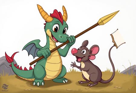 cartoon dragon holds a spear and  plays with a  cartoon rat