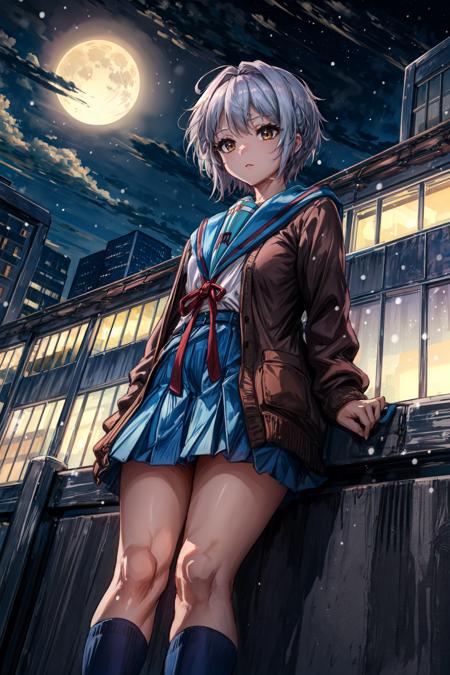 (masterpiece),(best quality), <lora:NagatoYuki:0.8>, yuki, winter uniform, cardigan, kneehighs, blue skirt, serafuku, inexpressive, fence, rooftop, aurora, building, city, city lights, cityscape, cloud, constellation, crescent moon, full moon, light particles, milky way, moon,  night sky, outdoors, scenery, skyline, skyscraper, snow, snowing,  winter <lora:Adddetail:0.8> , (from below:1.1)