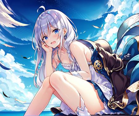 masterpiece,1girl,solo,elaina,(blue_style_costume, majo_costume:1.6),small_breasts,falling_feathers,aurora,open_mouth,blush,hand_on_own_face,sitting,white_dress,blue_ribbon,white_legwear,blue_sky,cloud,  <lora:elaina_v3-000006:0.91>