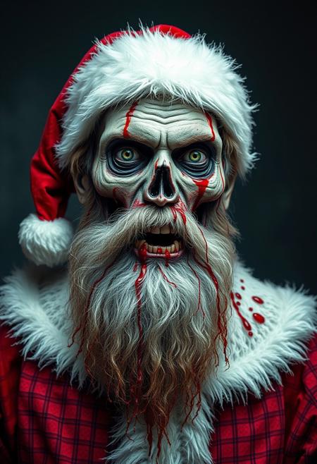 portrait of a zombie dressed as Santa Claus, gore and horrific, highly detailed realistic photograph