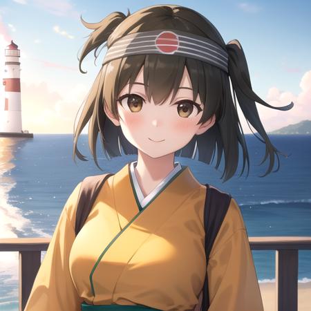 ((masterpiece)),(best quality),official art,extremely detailed CG,unity 8k wallpaper,ultra detailed,A lighthouse on a cliff by the sea,1girl,solo,upper body,(portrait:1.2),brown_hair,short_hair,headband,orange clothes,japanese_clothes,brown_eyes,smile,large_breasts,hakama_short_skirt,hakama_skirt,green hakama,blush,hachimaki,one_side_up,looking_at_viewer,<lora:Hiryuu(kan)>,