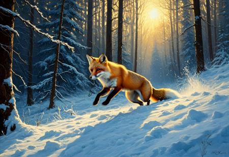 A masterful oil painting capturing a dynamic action shot in the style of a Frazetta masterpiece. A vibrant red fox is frozen mid-pounce in a snowy winter forest. It is captured vertically in the air, about to dive head-first into the deep snow after prey. The low winter sun creates a dramatic chiaroscuro with long shadows, while Aivazovsky-style light beams filter through the frosty trees. The deep snow is a canvas of thick, sculptural impasto brushstrokes. An abstract explosion of painterly snow particles erupts around the fox's snout. The atmosphere is energetic, primal, and breathtakingly beautiful.