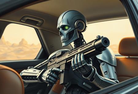 A classical Raphael Style oil painting of a gray Zombie Warrior robot seated majestically in the back seat of a car, facing right, holding a large gun. The car interior is depicted with rich texture and color, with blurred background suggestive of a journey or dream. Emphasize Vivid Emotions, Joyful Impact, Powerful Message through the robot's beautiful detailed eyes. Golden Ratio composition, Incredible Depth, Masterpiece quality, Impeccable Composition, Creative Angle, Captivating Lighting, Well-timed Moment.