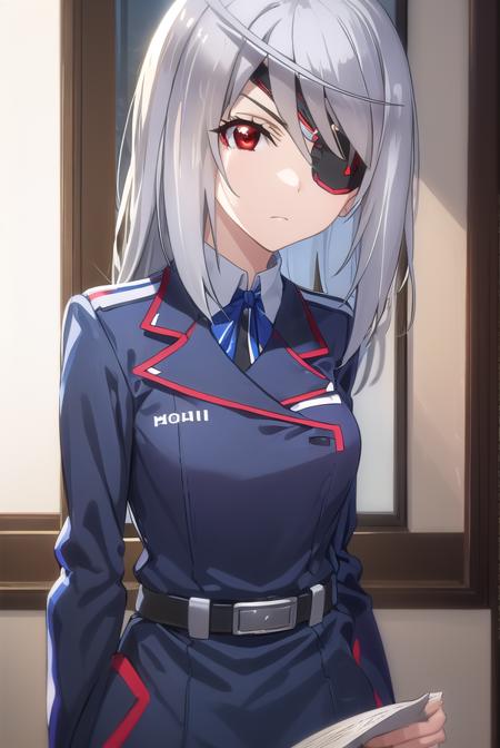 laurabodewig, <lora:laura bodewig s2-lora-nochekaiser:1>,
laura bodewig, long hair, (red eyes:1.3), grey hair, eyepatch,
BREAK school uniform, ribbon, blue ribbon, long sleeves, (red trim:1.2), uniform, military uniform, (white military uniform:1.5),
BREAK indoors, classroom,
BREAK looking at viewer, (cowboy shot:1.5),
BREAK <lyco:GoodHands-beta2:1>, (masterpiece:1.2), best quality, high resolution, unity 8k wallpaper, (illustration:0.8), (beautiful detailed eyes:1.6), extremely detailed face, perfect lighting, extremely detailed CG, (perfect hands, perfect anatomy),