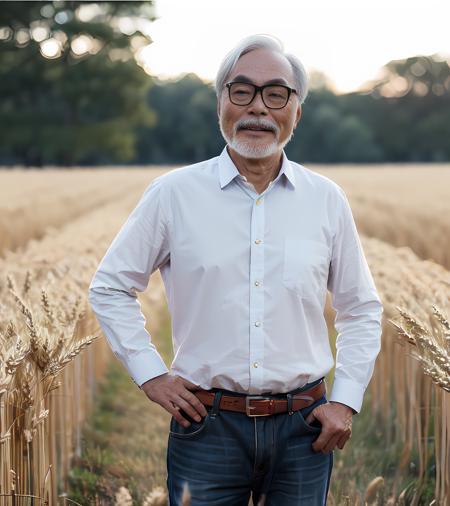 (A medium photo of  gongqijun,oldman),wearing(white shirt),hand on hip,standing in a wheat field,male focus,(masterpiece) (photorealistic:1.2) (bokeh) (best quality) (detailed skin) (intricate) (8k) (HDR) (cinematic lighting) (sharp focus) 
 <lora:gongqijun:0.9>