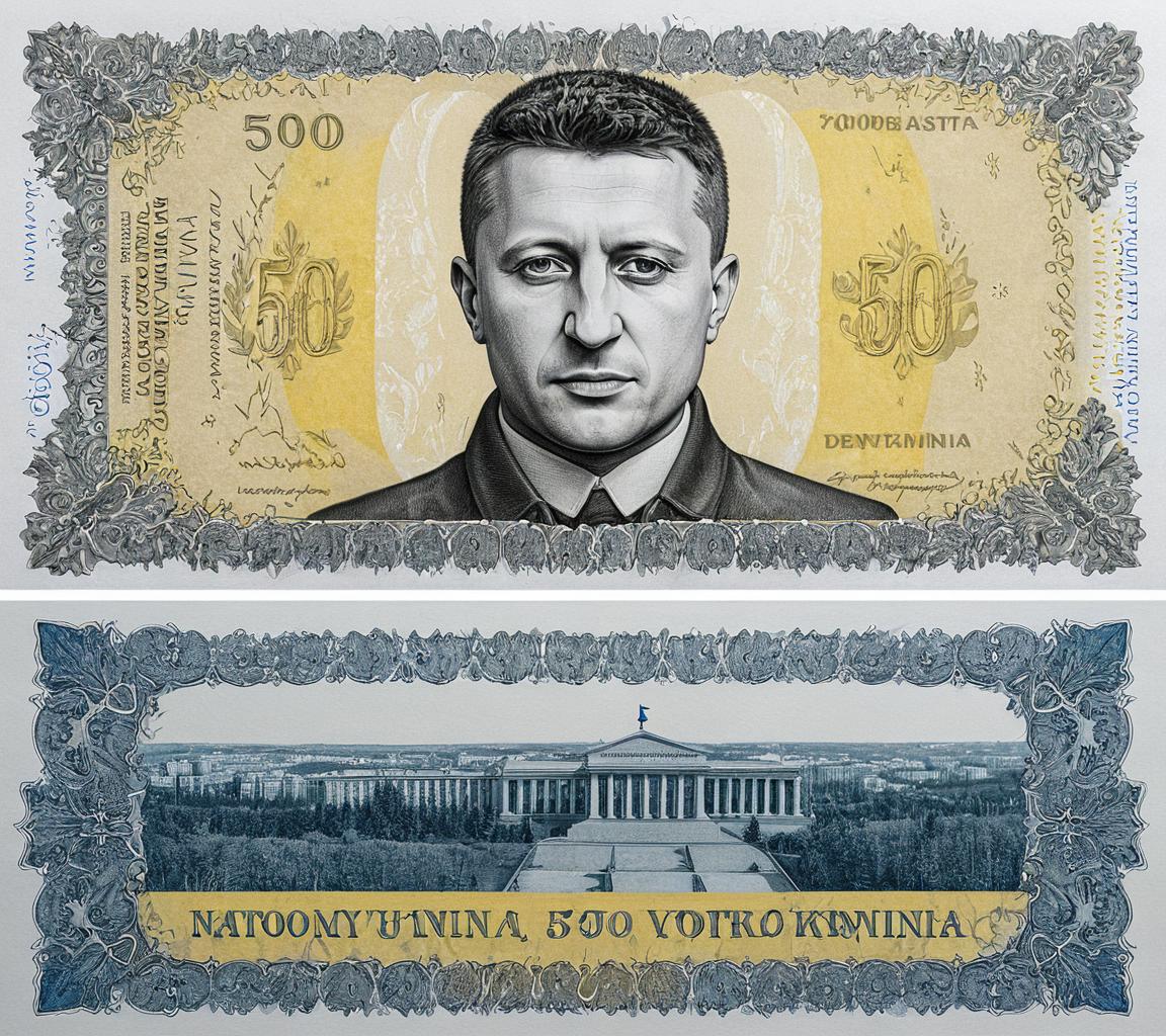 <lora:m0n3y_03XL-000010:1.0>,m0n3y style, a front and back side view, of a 500 hryvnia denomination, with etched portrait of Volodymyr Zelenskyy on the front, with the word '500' on the corners, words '500 Hryvnia' at the top, with words 'National Bank of Ukraine',while on the backside a drawing of (Ukrainian Motherland Monument), blue and mustard ink artwork, ukrainian flag, ornate design, intricately detailed, close-up view, realistic, hyperrealism,