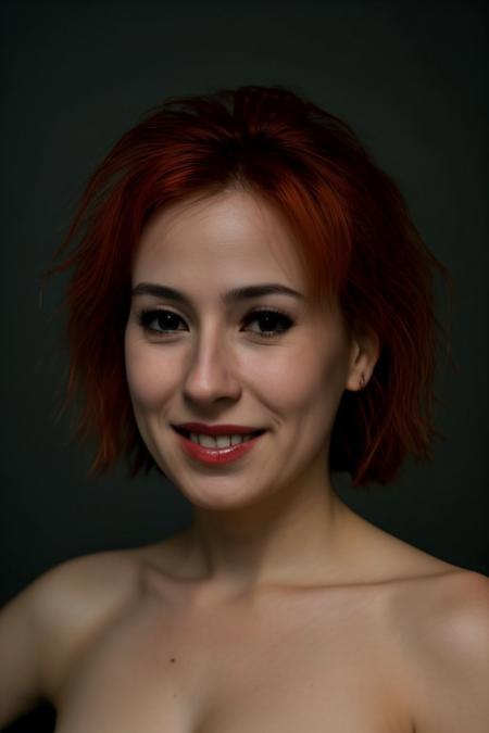 one side lighting, ((pitch black background)), ((pitch black room), sharp focus, nude, stunning sensual woman in her end 40s, absolute minimal makeup to simply accenting the natural beauty, wild open messy fiery red hair, full body view, view from side, cute open minded accented smile, closed mouth,