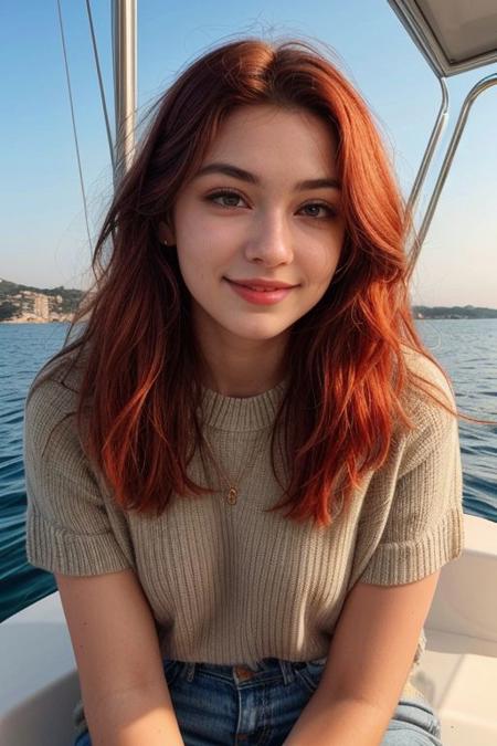 raw photo, (tall 24yo women:1.1, huge tits, redhead), accessories, realistic skin texture, (red:0.8), warm lighting, cosy atmosphere, instagram style, onlyfans, looking at camera seductively, casual, candid, daytime shot on a boat on the french riviera, authentic happy face, beautiful anatomy, 4k, beautiful face, curvy weight, Caucasian, sfw, beautiful hands and fingers, bokeh, breasts not showing, sensual outfit with flamboyant colors