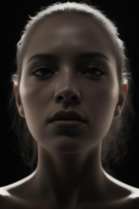 High-key beauty portrait, flawless skin bathed in dramatic shadows, dark & textured background, film grain, edgy pose & expression