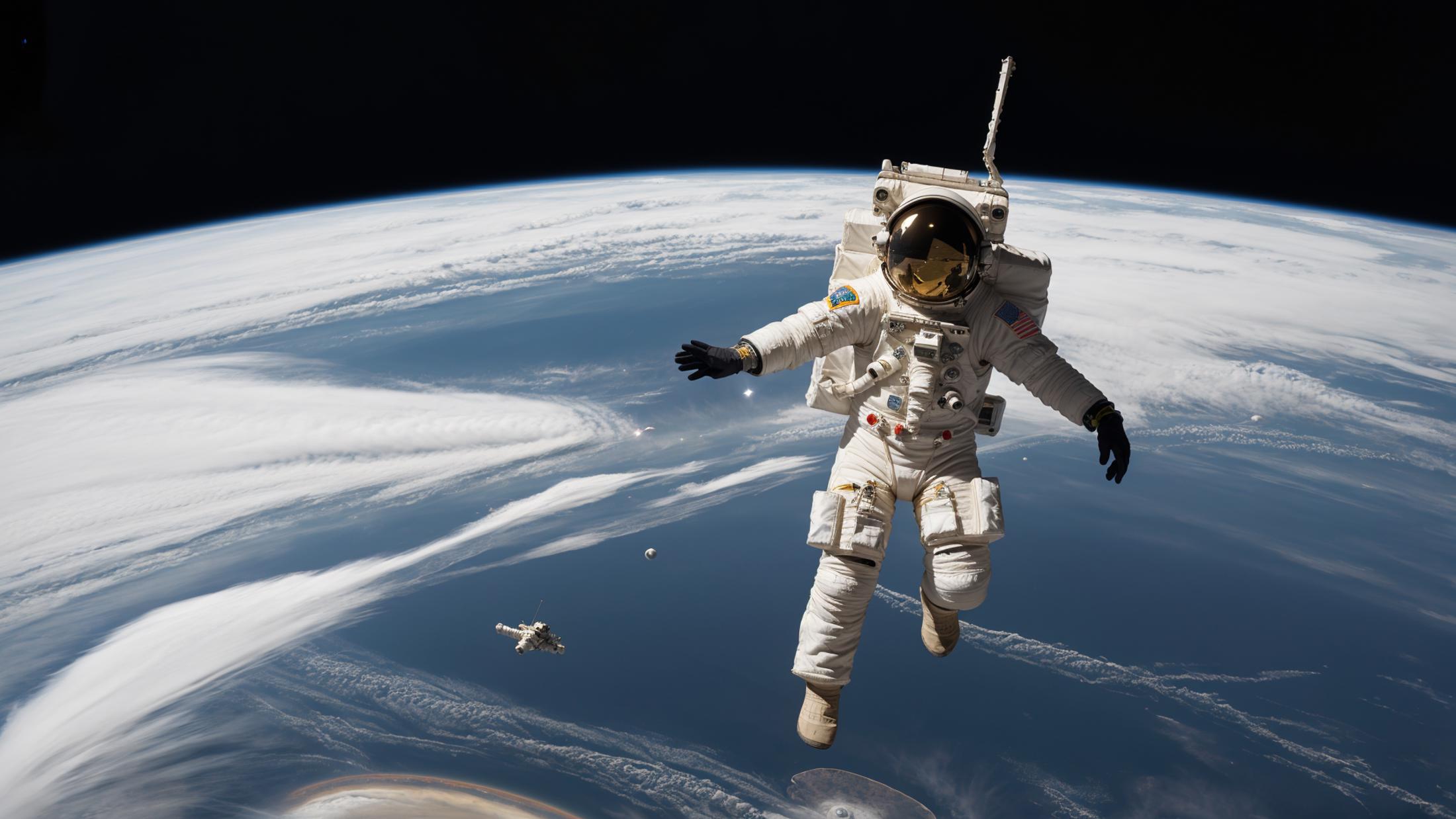 Astronaut in a white space suit flying in space.