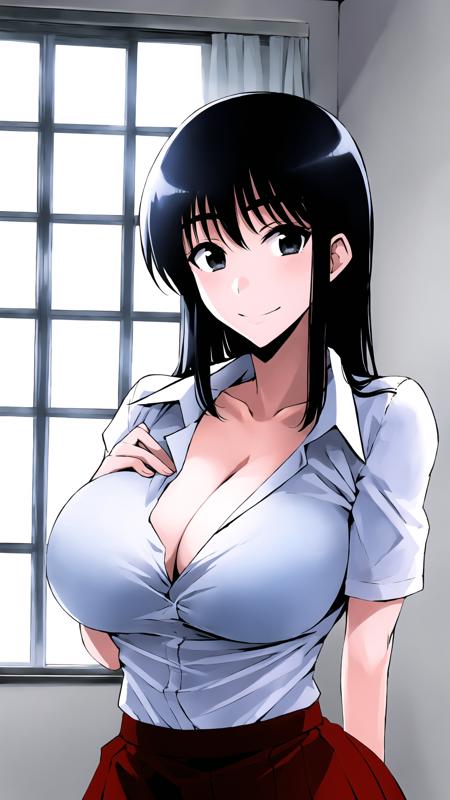 suou_mikoto, 1girl, solo, long hair, large breasts, black hair, black eyes, skirt, cleavage, white shirt