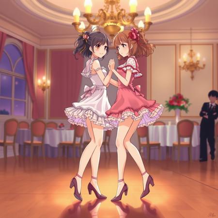 anime illustration of two girls dancing close together, wearing frilly dresses with short skirts and high heels, indoors in a ballroom with a chandelier