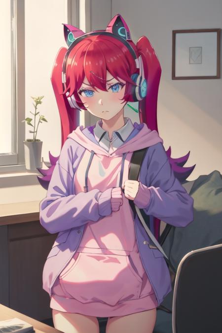 best quality, masterpiece, highres, solo, {irving_amelia_renaiflops:1.15}, red_hair, long_hair, twintails, blue_eyes, bangs, headphones, fake_animal_ears, animal_ear_headphones, animal_ears, cat_ear_headphones, hoodie, 1girl, collared_shirt, hood, shirt, upper_body, jacket, closed_mouth, indoors, frown