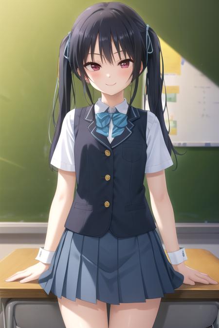 Seguchi Yayoi long hair,black hair,twintails,hair ribbon,red eyes sidelocks,school uniform,blue vest,wing collar,collared shirt,white shirt,blue bowtie,short sleeves,blue cuffs,medium breasts,blue skirt,pleated skirt,black socks,loafers