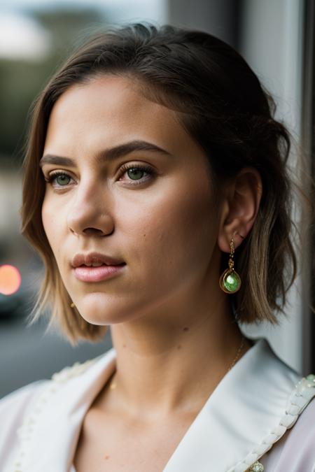 Realistic photo of a beautiful sc4rl3ttj-v2 woman,  1girl, solo, blonde hair, jewelry, green eyes, earrings, lips, looking to the side, looking away, portrait, realistic, soft lighting, professional Photography, Photorealistic, detailed, RAW, analog, sharp focus, 8k, HD, DSLR, high quality, Fujifilm XT3, film grain, award winning, masterpiece<lora:sc4rl3ttj-v2:1.0>