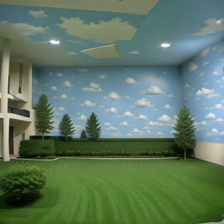 (indoors:1.3), forest, trees, plants, hedge, grass, fake sky painted on the wall
<lora:Liminal_Spaces_XL:1>