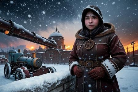 breathtaking frostpunk, a beautiful first nations woman 21 yo, dressed in retro winter garb, hood. (snowing:1.2), at dusk. walled settlement, machinery, belching smoke in the background. steam tractor. . award-winning, professional, highly detailed,