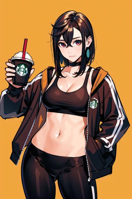 1girl,  <lora:MomoAyase:0.75>, medium shot, wearing jacket, holding a Starbucks cup, (joy:0.7), sports wear undershirt, yoga pants, solo, realistic, standing,