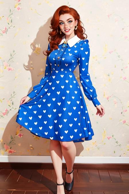 h34rtsblu3,long sleeves,dress,blue dress,heart pattern,polka dot heart dress, collared dress,