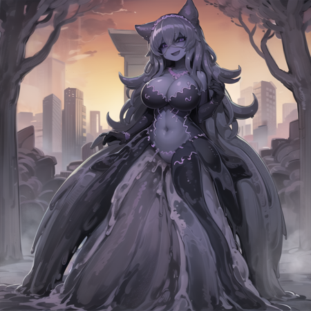 queenSho a female character dressed in dark outfit with black hair and long dark purple hair, 1girl, monster girl, solo, breasts, colored sclera, smile, looking at viewer, colored skin, open mouth, long hair, slime girl, black sclera, large breasts, outdoors, nature background, , geen eyes,queenSho