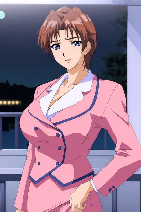 (Night:1.7), Japan, Tokyo, CityView, Before Window,
Standing at attention,
pink jacket, pink shirt, pink skirt,pencil skirt,formal, 
<lora:Kashiwagi_Ayano_Kisaku-KK77-V1:0.7>,pantyhose,
bangs, blue eyes,brown hair,short hair,
1 girl, 20yo,Young female,Beautiful Finger,Beautiful long legs,Beautiful body,Beautiful Nose,Beautiful character design, perfect eyes, perfect face,expressive eyes,
looking at viewer, in the center of the image,(Upper_body),(close-Up),(Focus on her face),
official art,extremely detailed CG unity 8k wallpaper, perfect lighting,Colorful, Bright_Front_face_Lighting,shiny skin, 
(masterpiece:1.0),(best_quality:1.0), ultra high res,4K,ultra-detailed,
photography, 8K, HDR, highres, absurdres:1.2, Kodak portra 400, film grain, blurry background, bokeh:1.2, lens flare, (vibrant_color:1.2)
(Beautiful,large_Breasts:1.4), (beautiful_face:1.5),(narrow_waist),